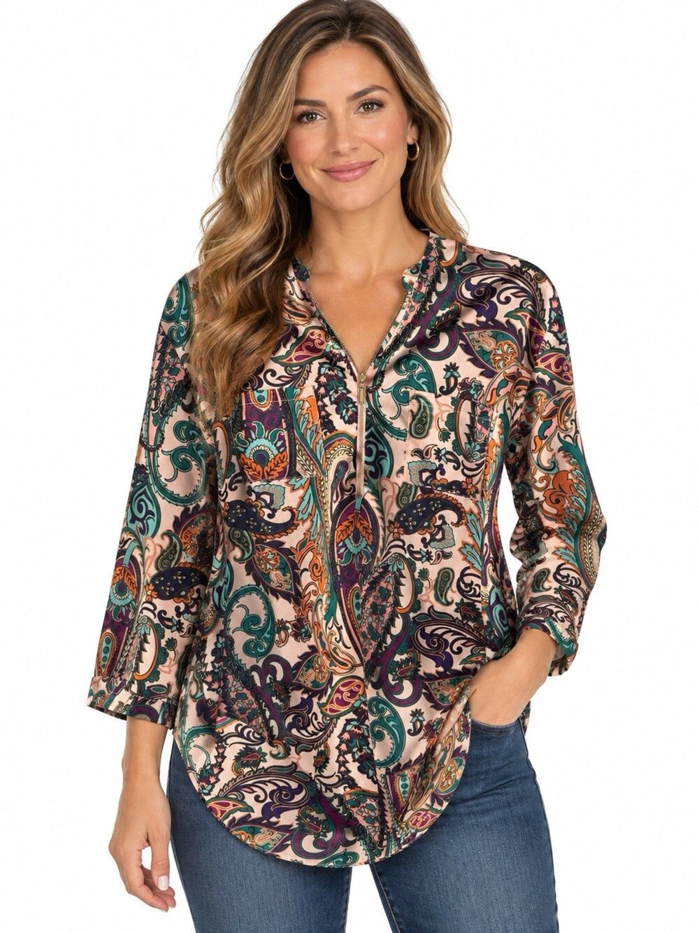 Jaclyn Smith XL Paisley Boho Tunic Blouse Quarter Zip Artsy Festival Top Y2K